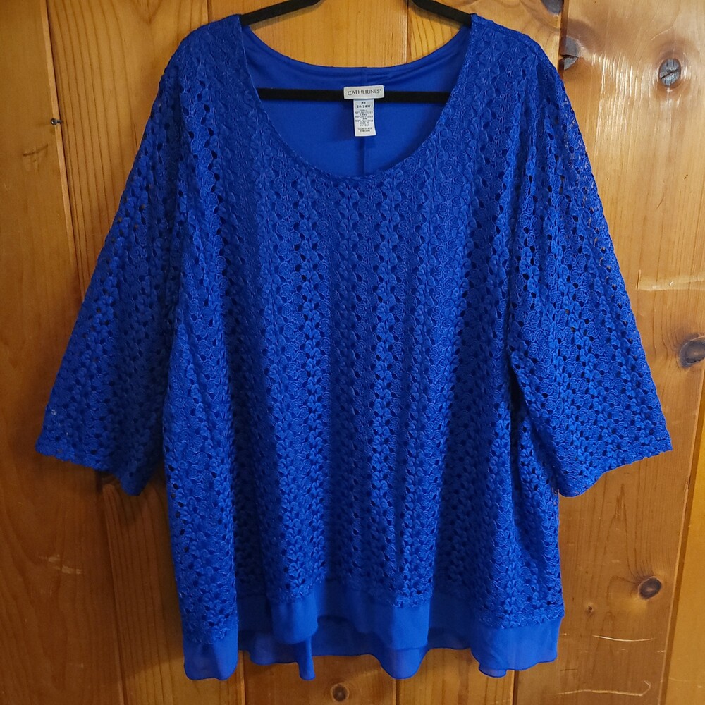 Catherines Blue Lace Overlay Blouse 3X 3/4 Sleeve